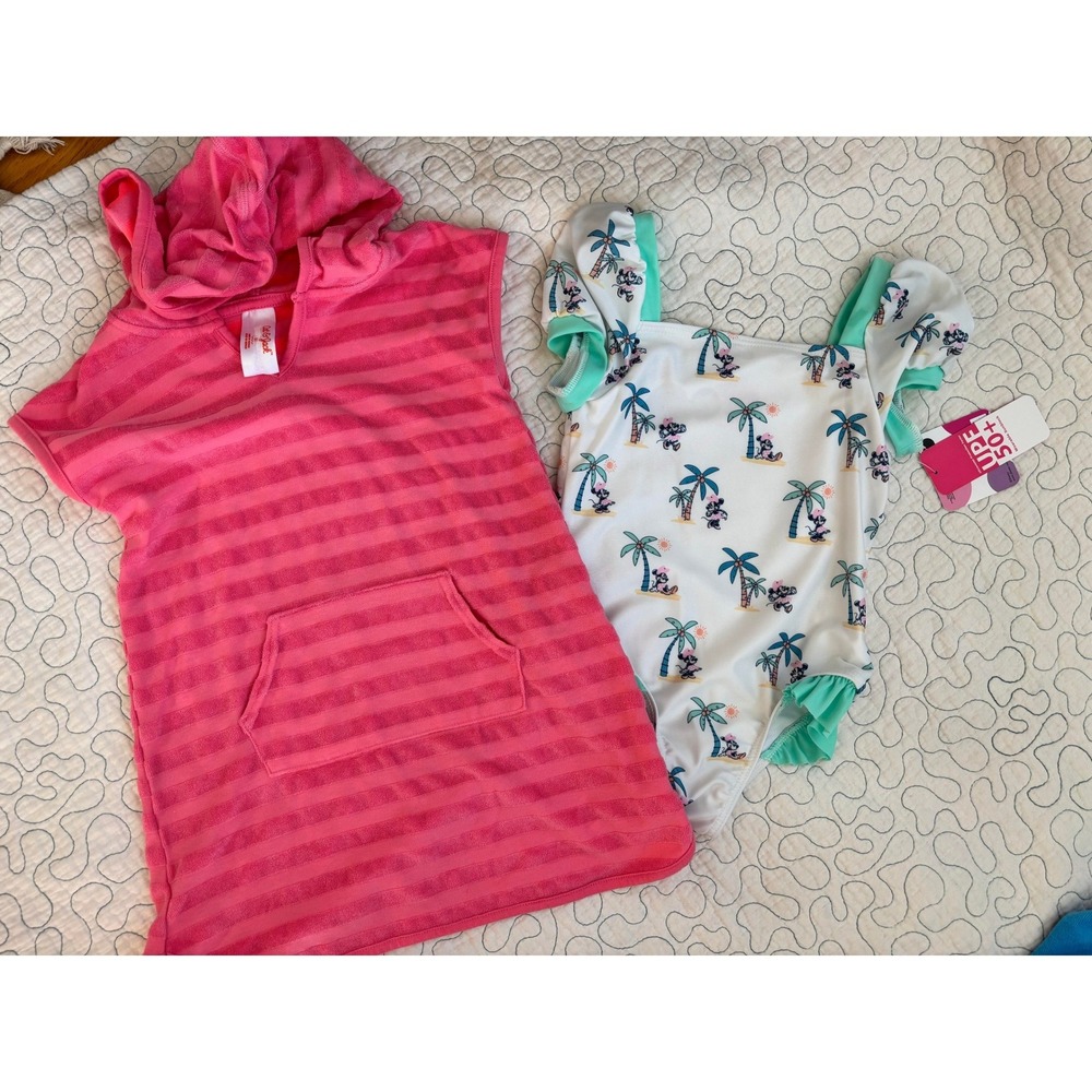 Disney Minnie Mouse Swimsuit 5T & Cat Jack Pink Striped‎ Hooded Cover Up Set 5T